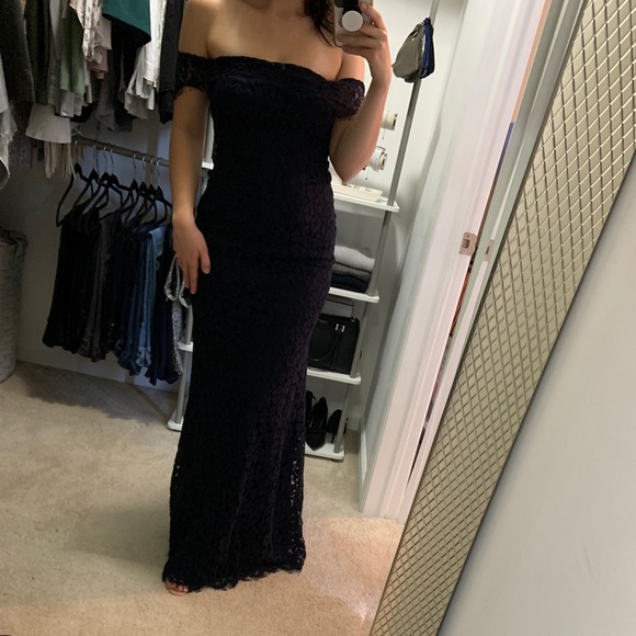 Lulu’s Off-Shoulder Classy Navy Blue Lace Gown - Picture 2 of 5